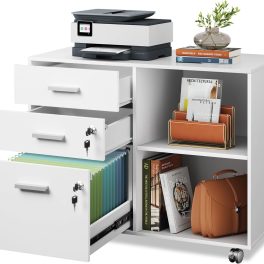 DEVAISE 3-Drawer Wood File Cabinet with Lock, Mobile Lateral Filing Cabinet, Printer Stand with Open Storage Shelves for Home Office, White